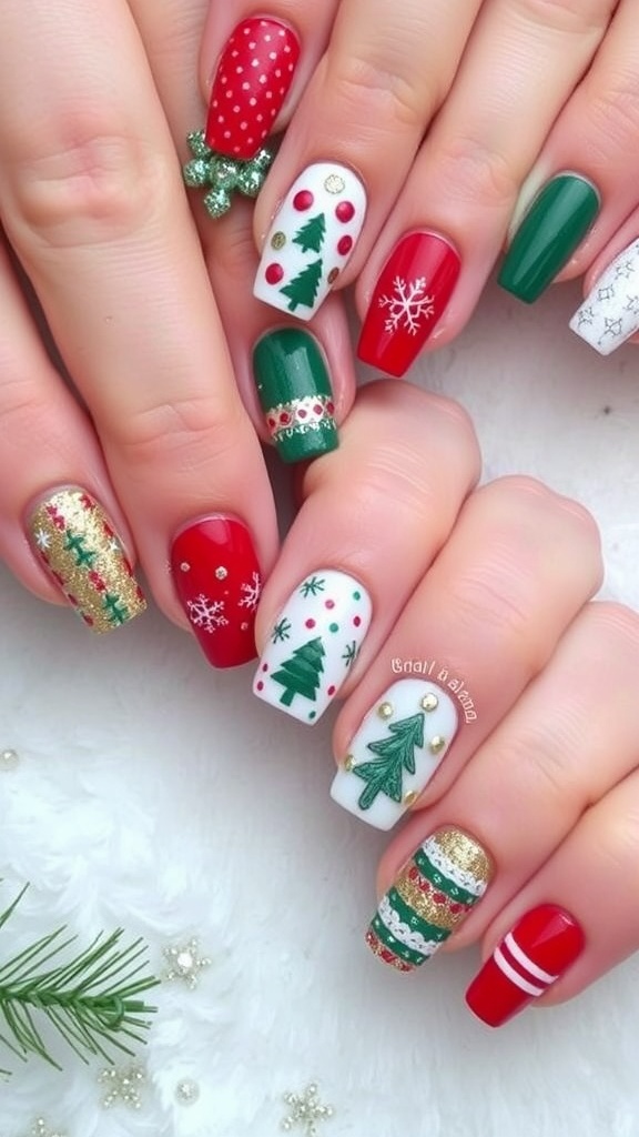 Short Christmas nails with festive designs including snowflakes and Christmas trees in red, green, and gold.